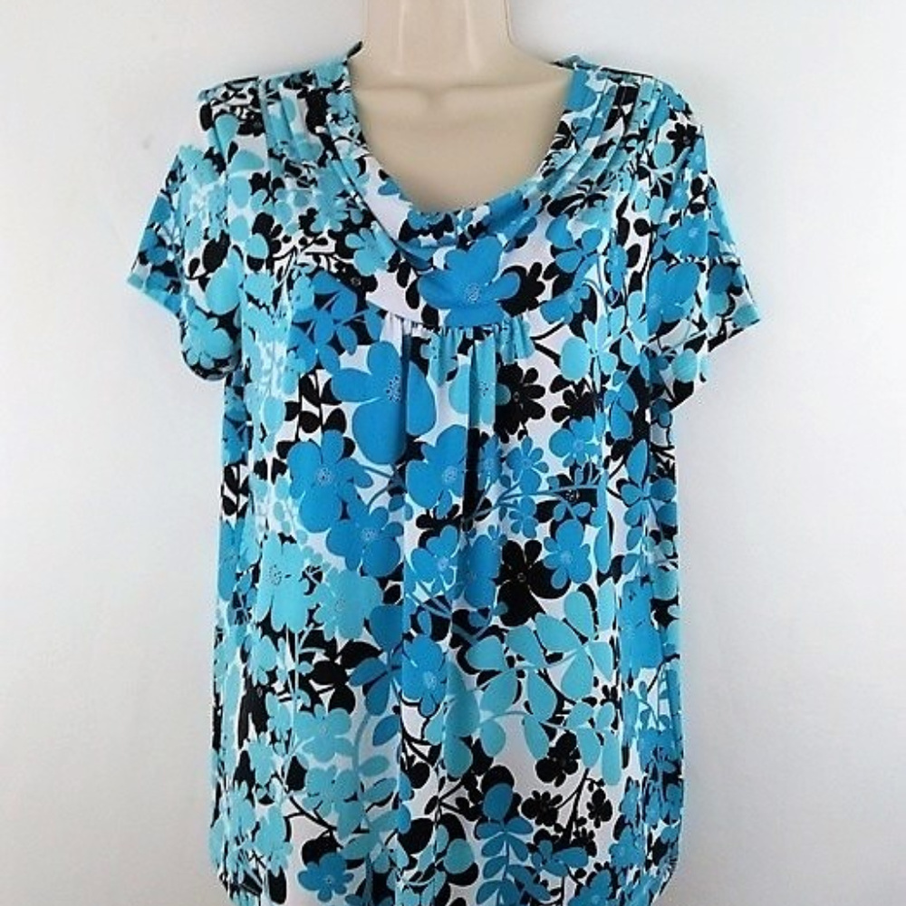 Rafaella Blue Hues and White Cowl Neck Blouse L